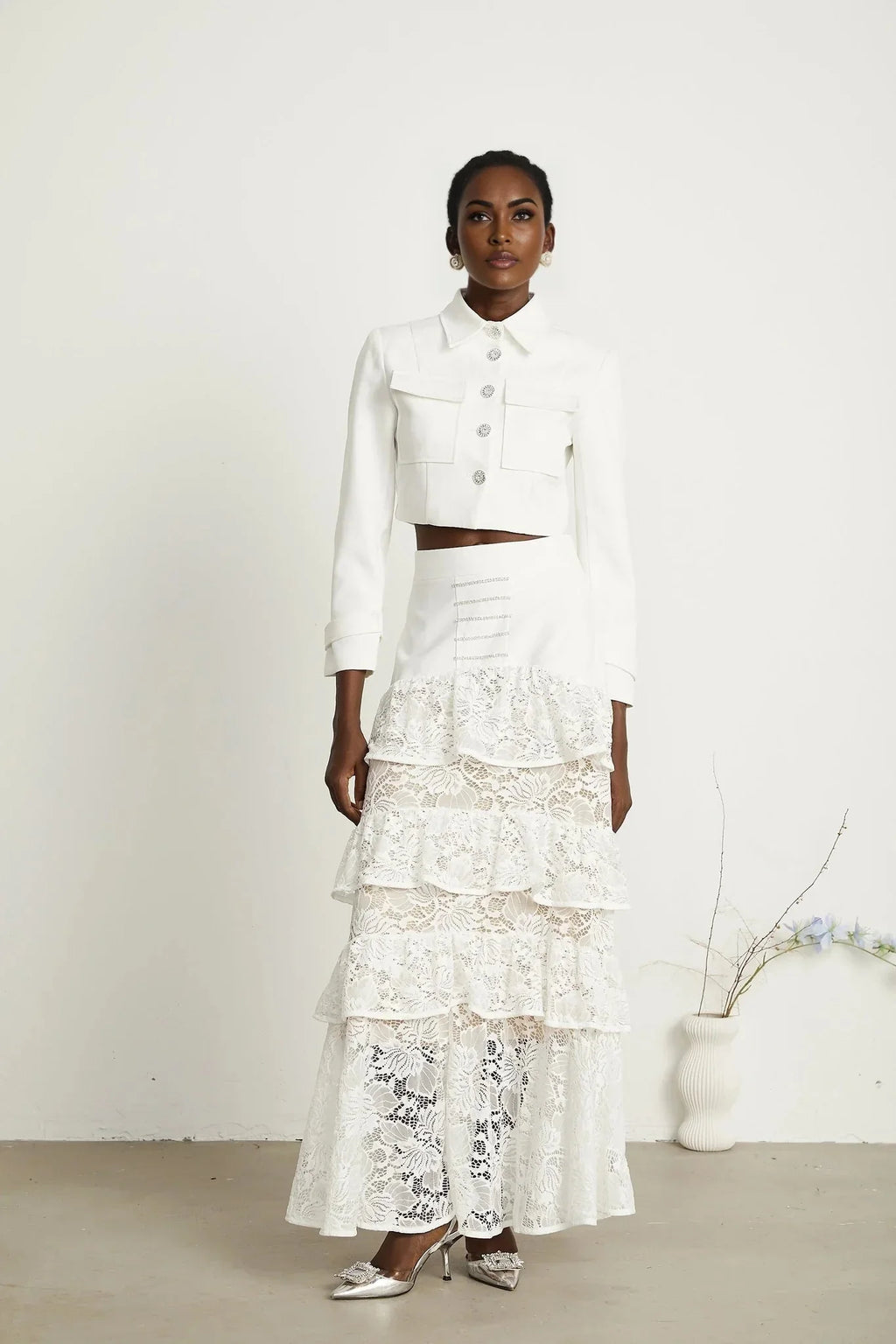 Aliyah Jacket & Skirt Set - Classic Collar - Rhinestone Embellished - Tiered Design - Silver - Tone Buttons - Ruffled Detailing