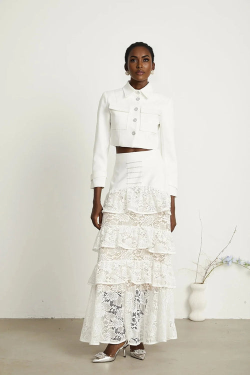 Aliyah Jacket & Skirt Set - Classic Collar - Rhinestone Embellished - Tiered Design - Silver - Tone Buttons - Ruffled Detailing