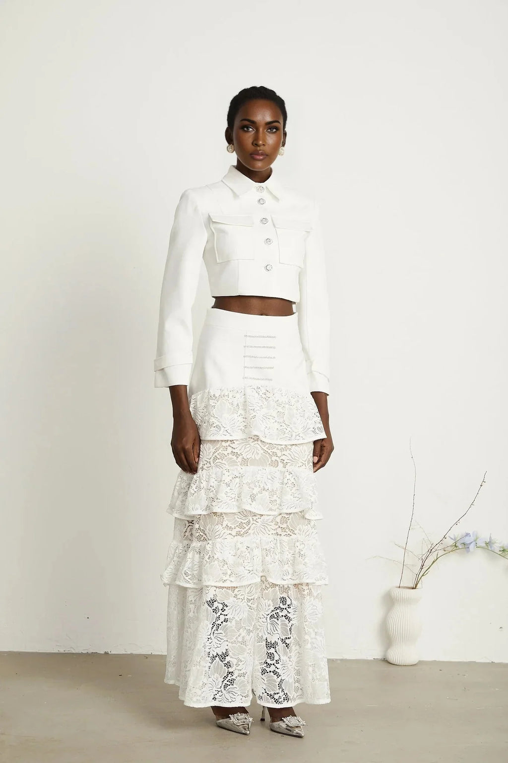 Aliyah Jacket & Skirt Set - Classic Collar - Rhinestone Embellished - Tiered Design - Silver - Tone Buttons - Ruffled Detailing