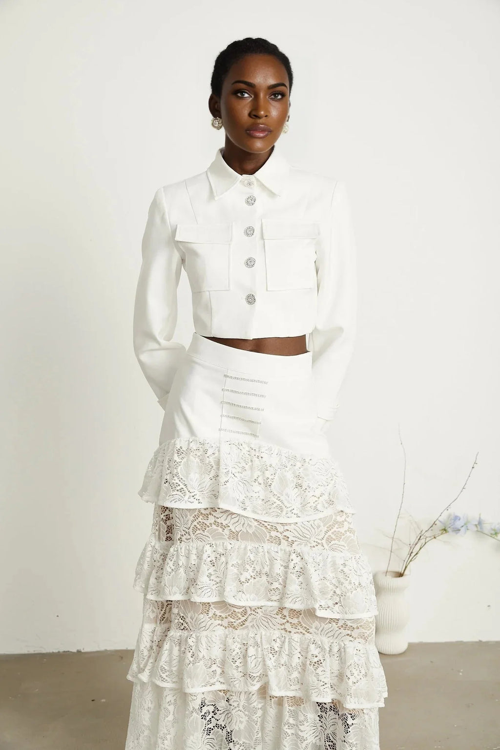 Aliyah Jacket & Skirt Set - Classic Collar - Rhinestone Embellished - Tiered Design - Silver - Tone Buttons - Ruffled Detailing