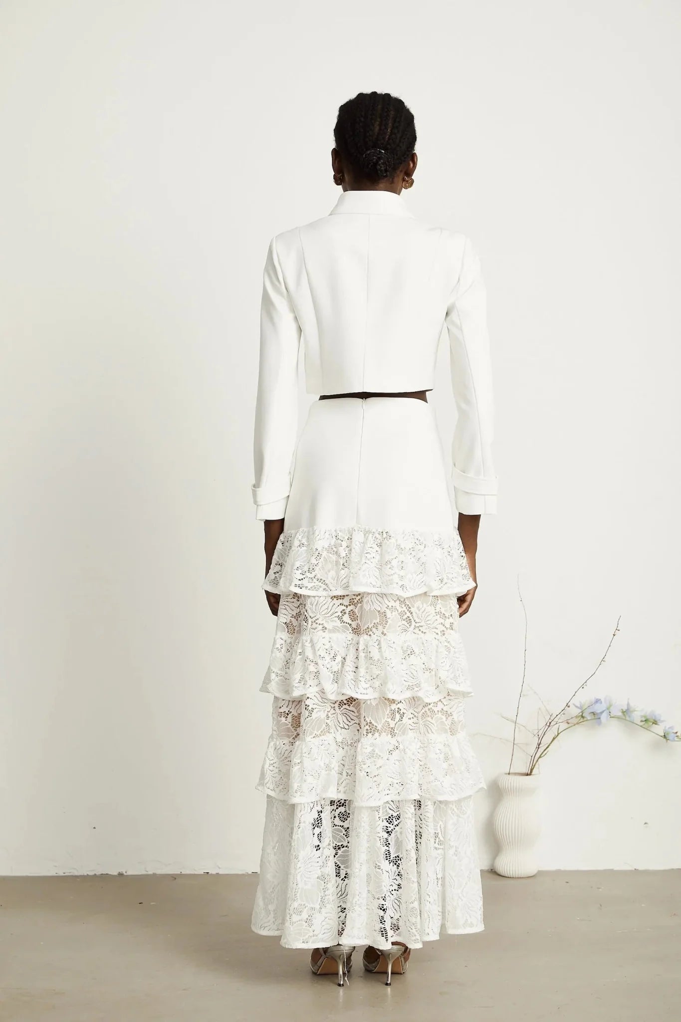 Aliyah Jacket & Skirt Set - Classic Collar - Rhinestone Embellished - Tiered Design - Silver - Tone Buttons - Ruffled Detailing