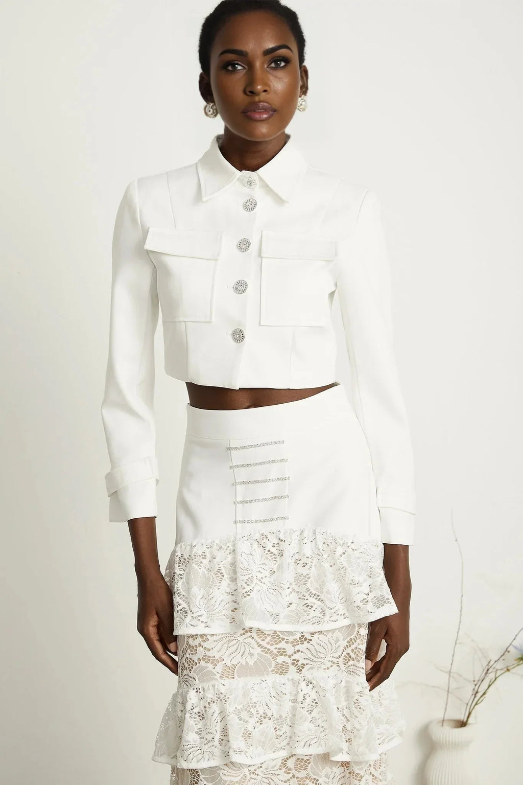 Aliyah Jacket & Skirt Set - Classic Collar - Rhinestone Embellished - Tiered Design - Silver - Tone Buttons - Ruffled Detailing