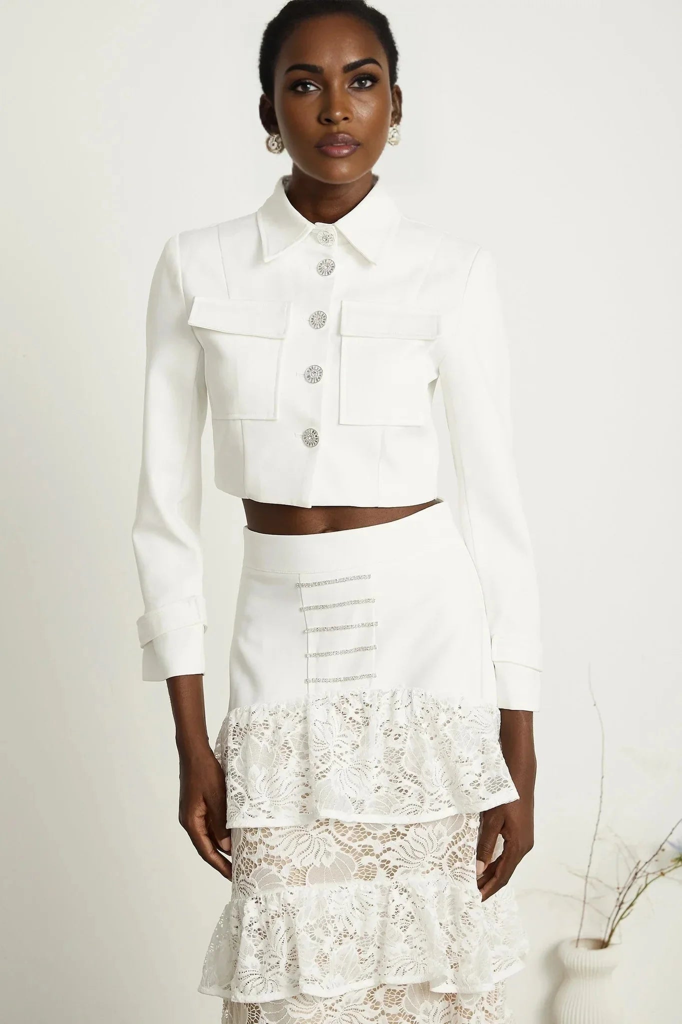 Aliyah Jacket & Skirt Set - Classic Collar - Rhinestone Embellished - Tiered Design - Silver - Tone Buttons - Ruffled Detailing