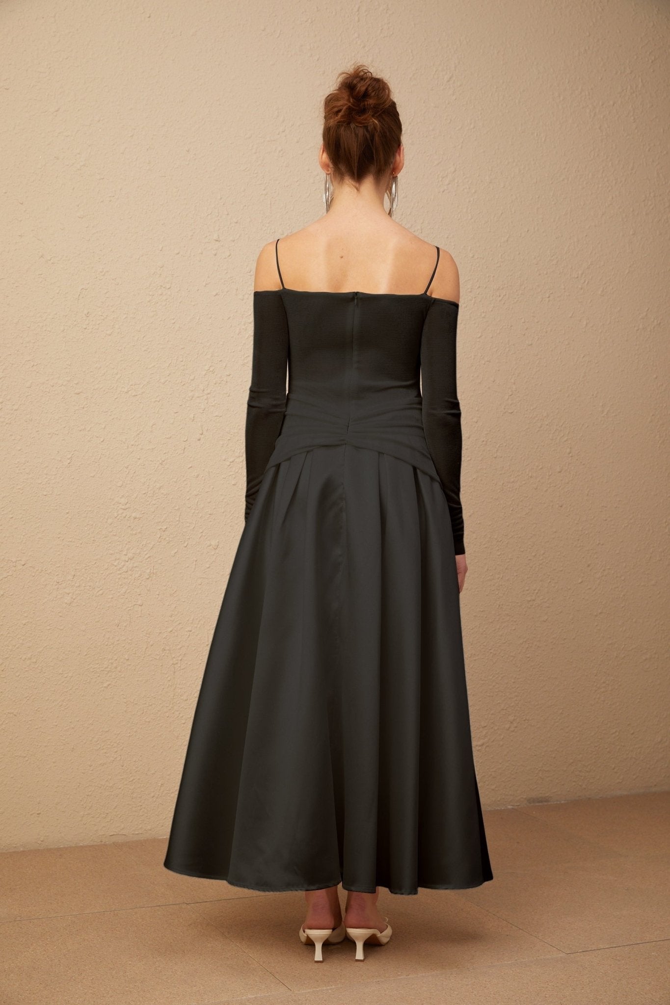 Allegra Maxi Dress - Off the Shoulder - Long Sleeves - Spaghetti Straps - Pleated Detailing - Flared Skirt