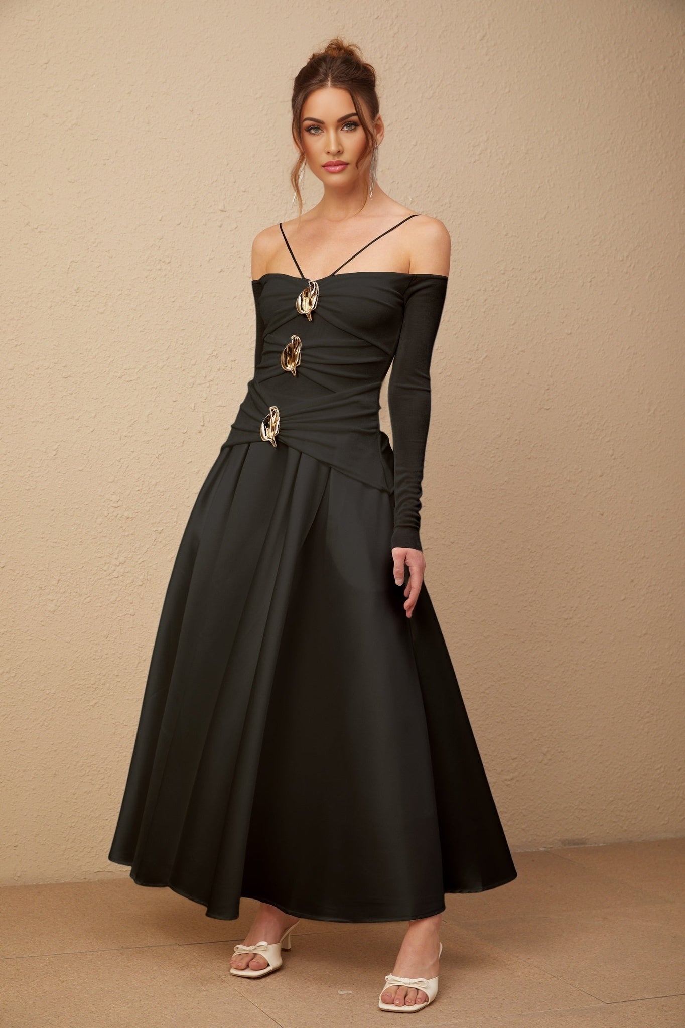 Allegra Maxi Dress - Off the Shoulder - Long Sleeves - Spaghetti Straps - Pleated Detailing - Flared Skirt