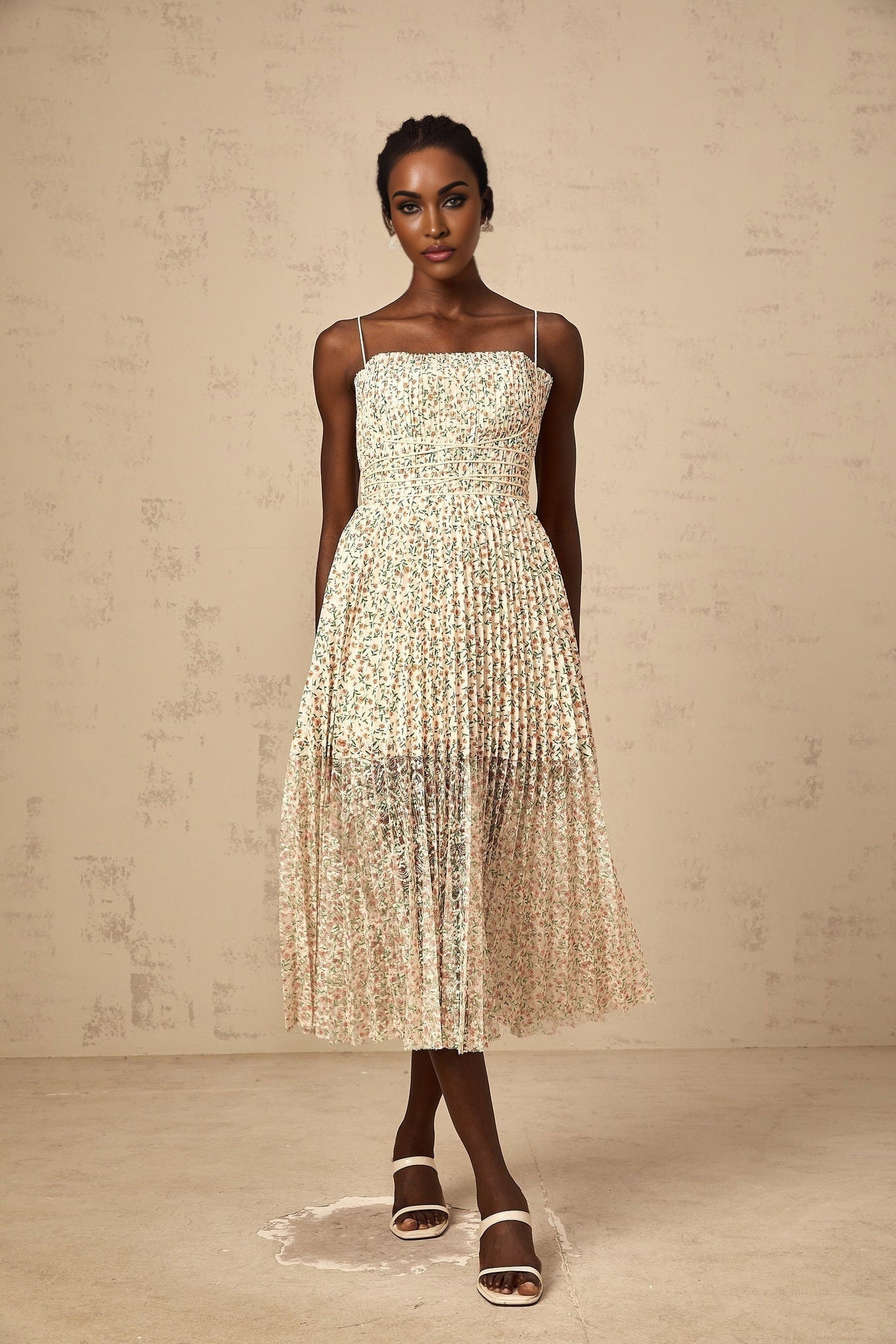 Allison Floral Midi Dress - Square Neck - Pleated Detailing - Spaghetti Straps - Rear Zip Fastening
