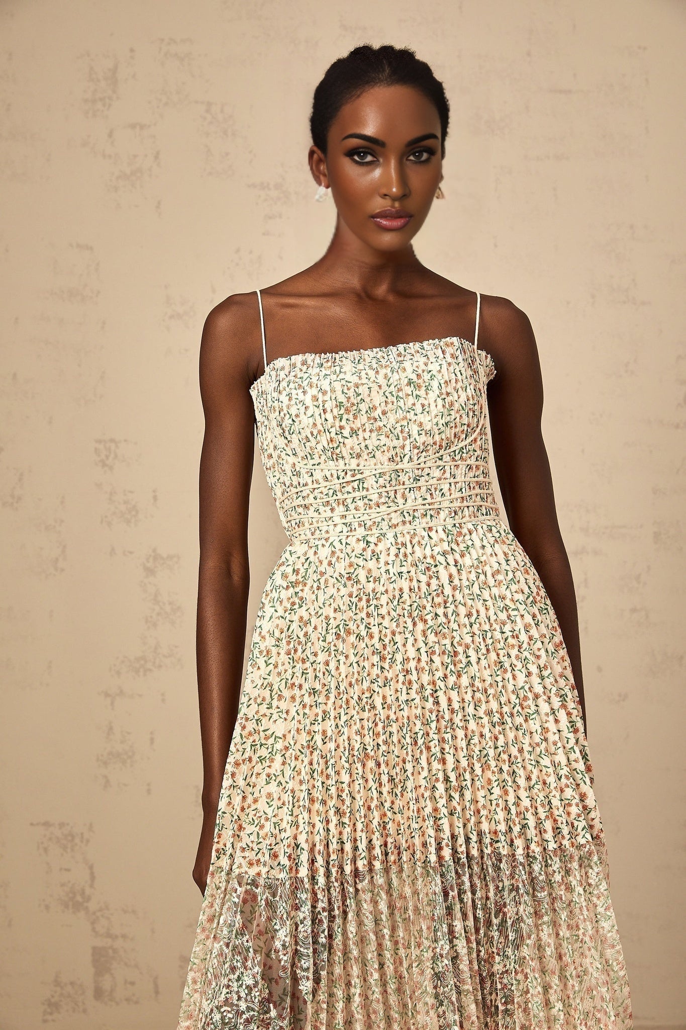 Allison Floral Midi Dress - Square Neck - Pleated Detailing - Spaghetti Straps - Rear Zip Fastening