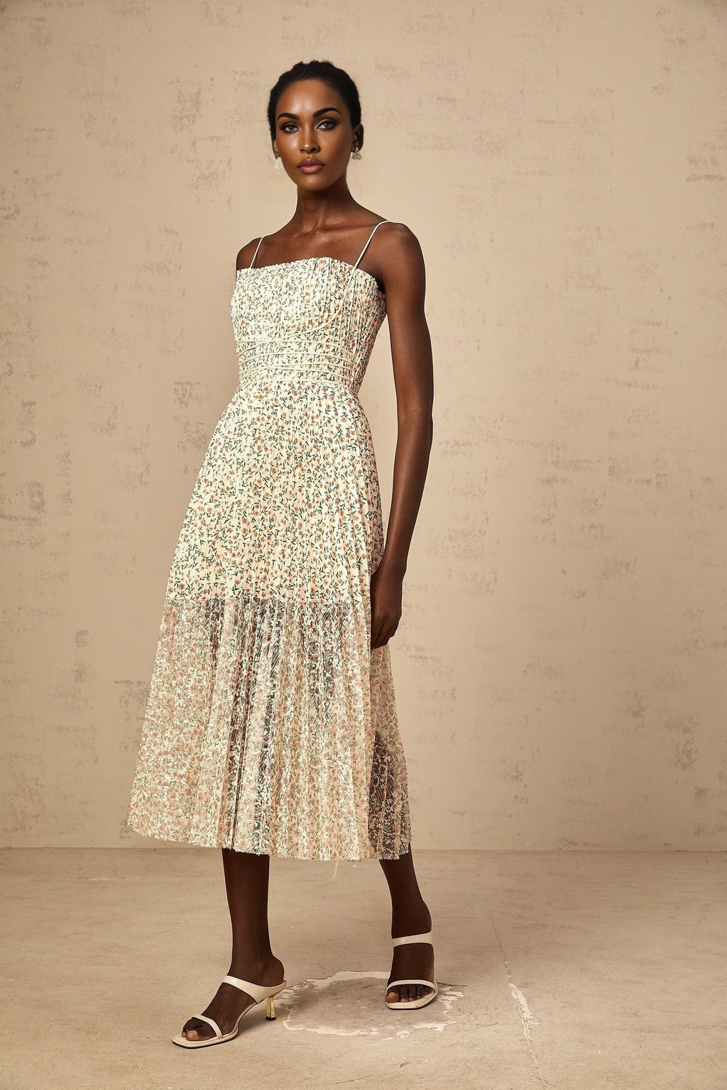 Allison Floral Midi Dress - Square Neck - Pleated Detailing - Spaghetti Straps - Rear Zip Fastening