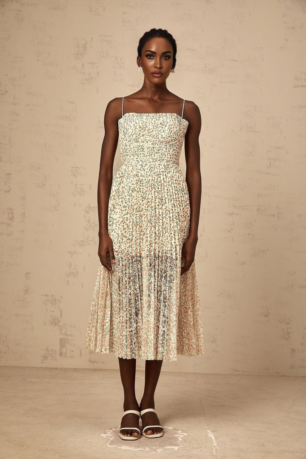 Allison Floral Midi Dress - Square Neck - Pleated Detailing - Spaghetti Straps - Rear Zip Fastening