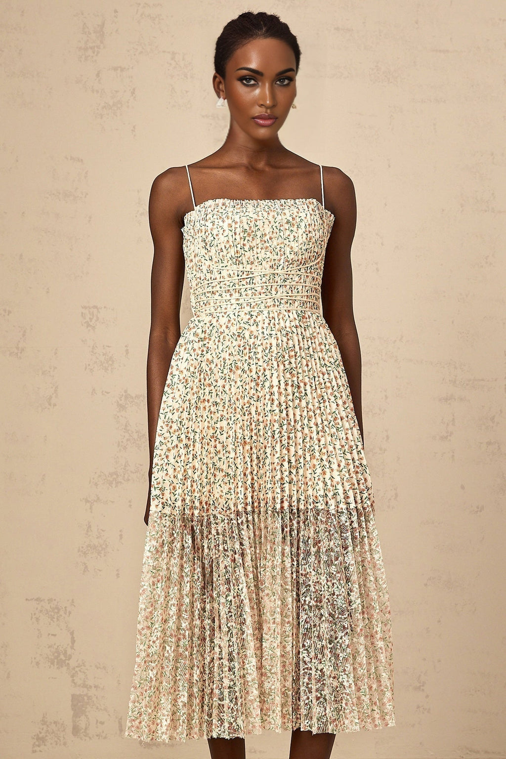 Allison Floral Midi Dress - Square Neck - Pleated Detailing - Spaghetti Straps - Rear Zip Fastening