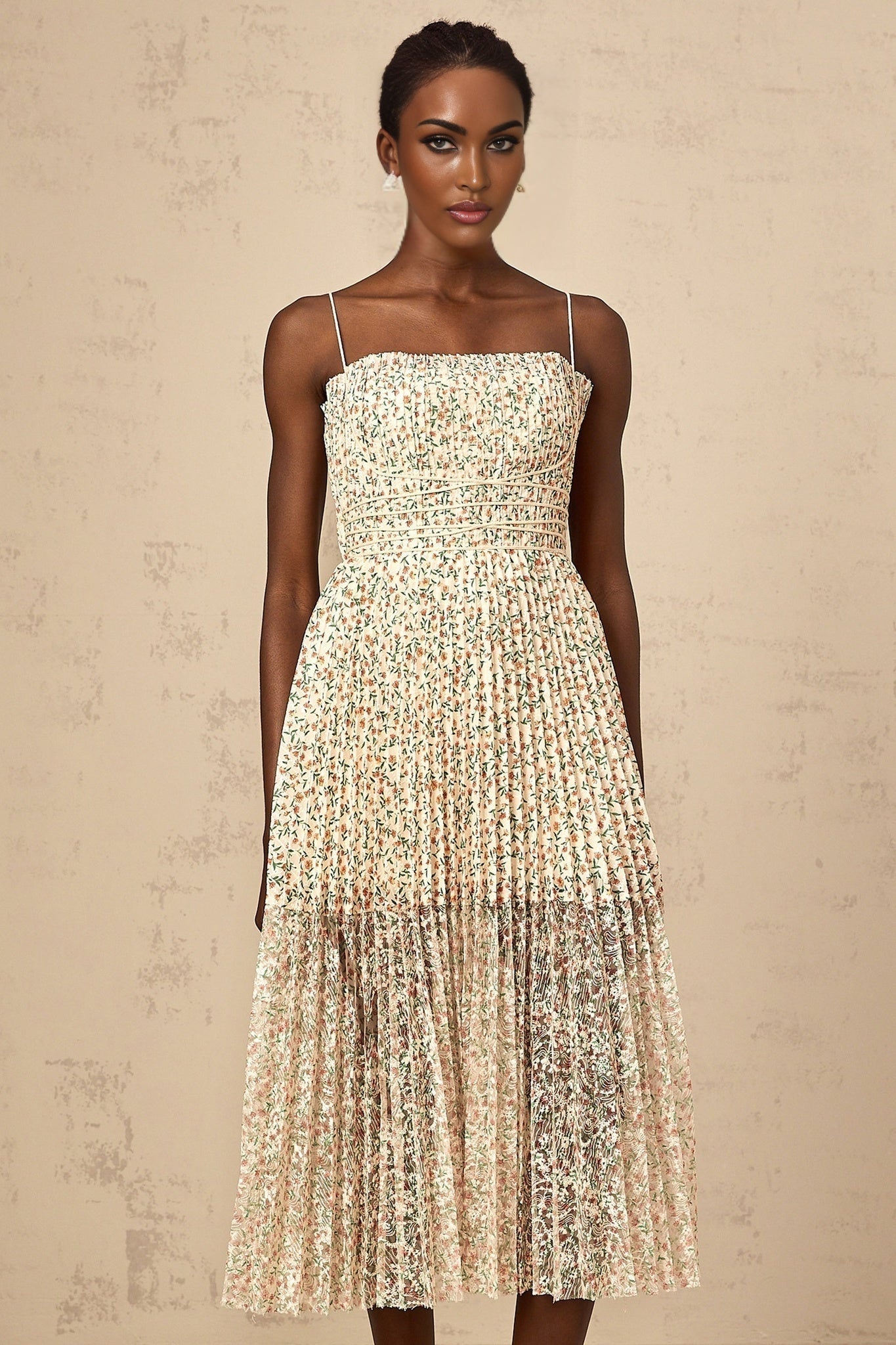 Allison Floral Midi Dress - Square Neck - Pleated Detailing - Spaghetti Straps - Rear Zip Fastening
