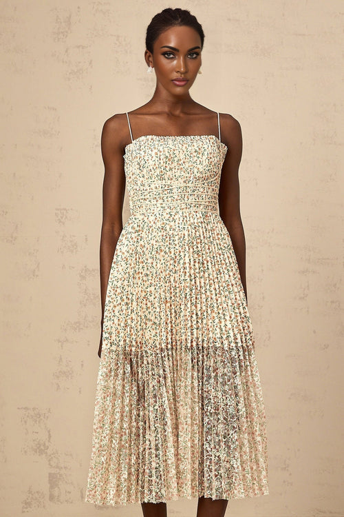 Allison Floral Midi Dress - Square Neck - Pleated Detailing - Spaghetti Straps - Rear Zip Fastening
