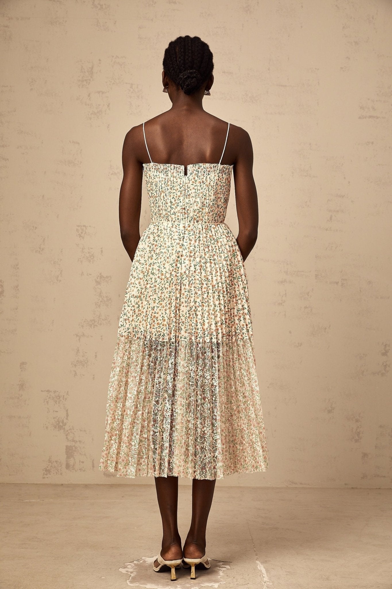 Allison Floral Midi Dress - Square Neck - Pleated Detailing - Spaghetti Straps - Rear Zip Fastening