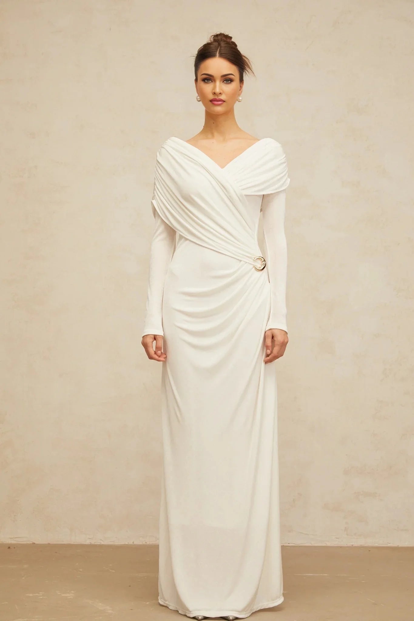 Allison Maxi Dress White Ruched Fitted Buckle Detailing Zip Fastening Elegance