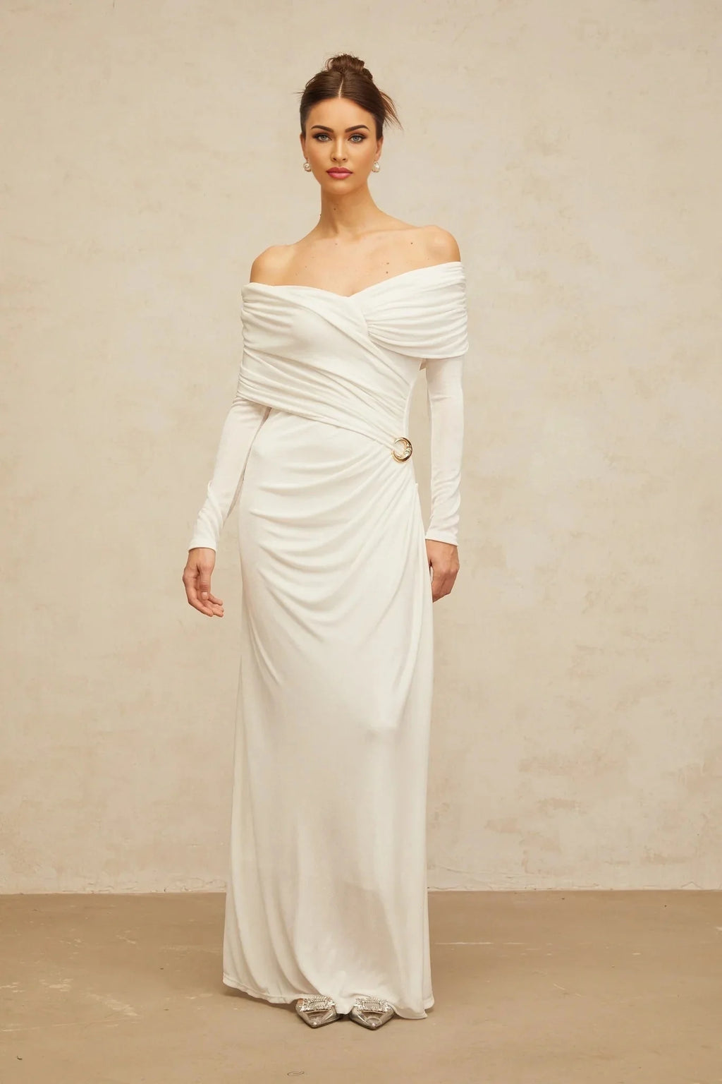 Allison Maxi Dress White Ruched Fitted Buckle Detailing Zip Fastening Elegance