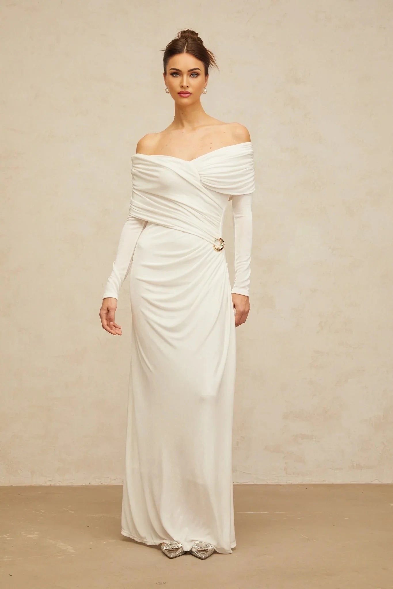 Allison Maxi Dress White Ruched Fitted Buckle Detailing Zip Fastening Elegance