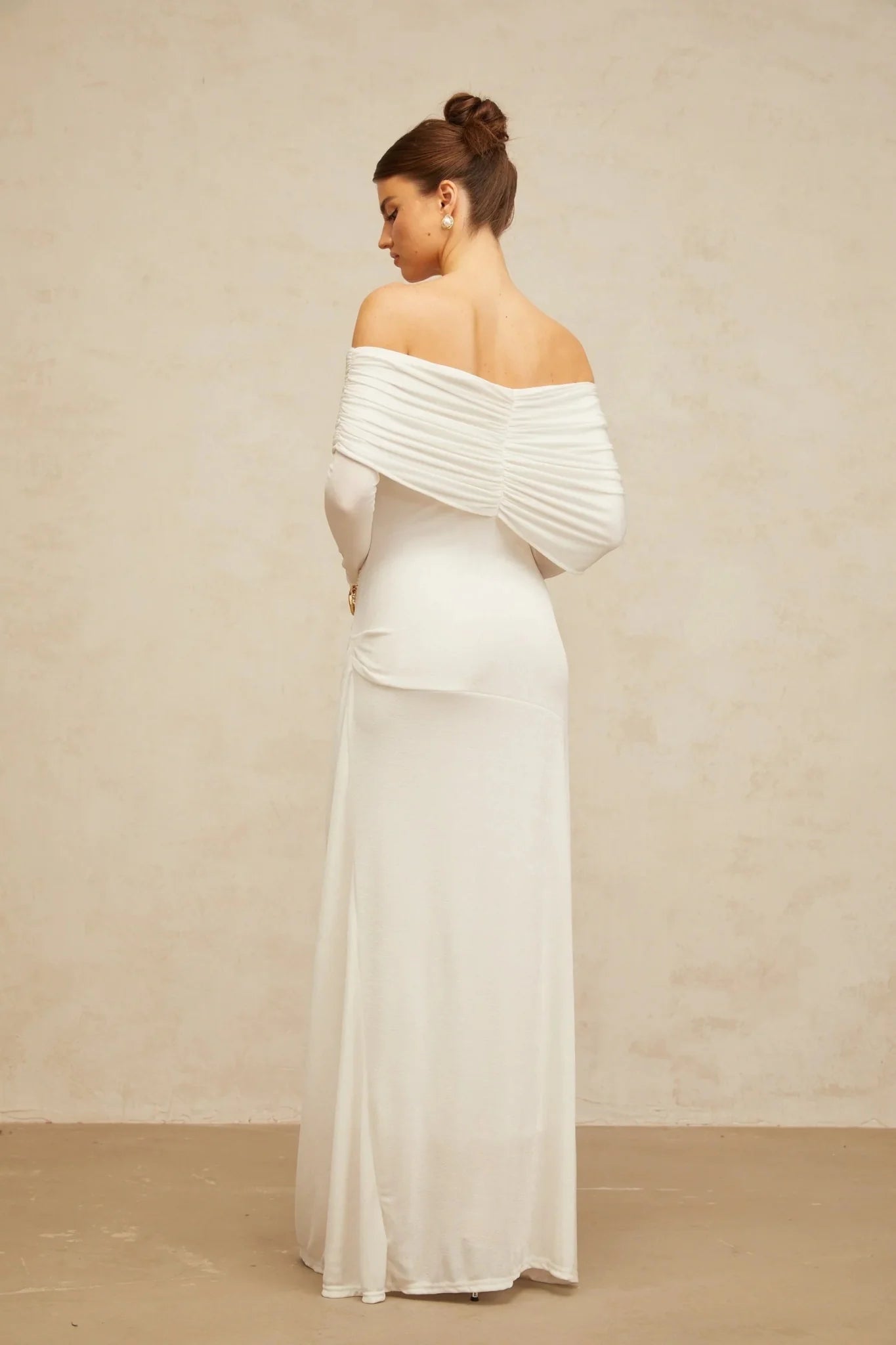Allison Maxi Dress White Ruched Fitted Buckle Detailing Zip Fastening Elegance
