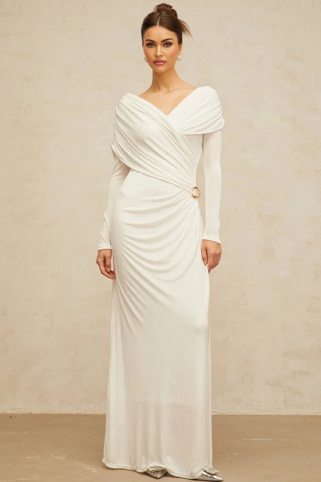 Allison Maxi Dress White Ruched Fitted Buckle Detailing Zip Fastening Elegance