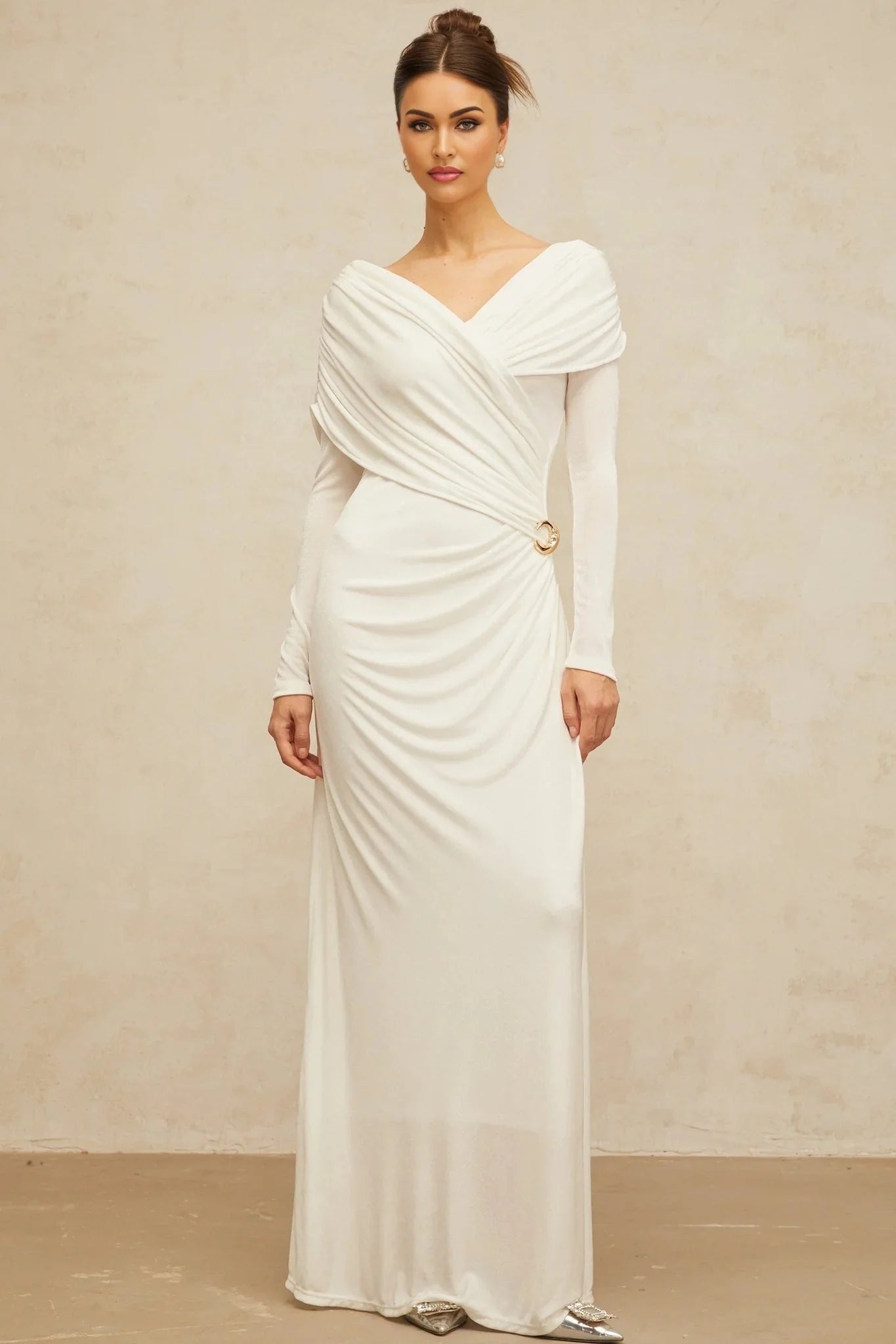 Allison Maxi Dress White Ruched Fitted Buckle Detailing Zip Fastening Elegance