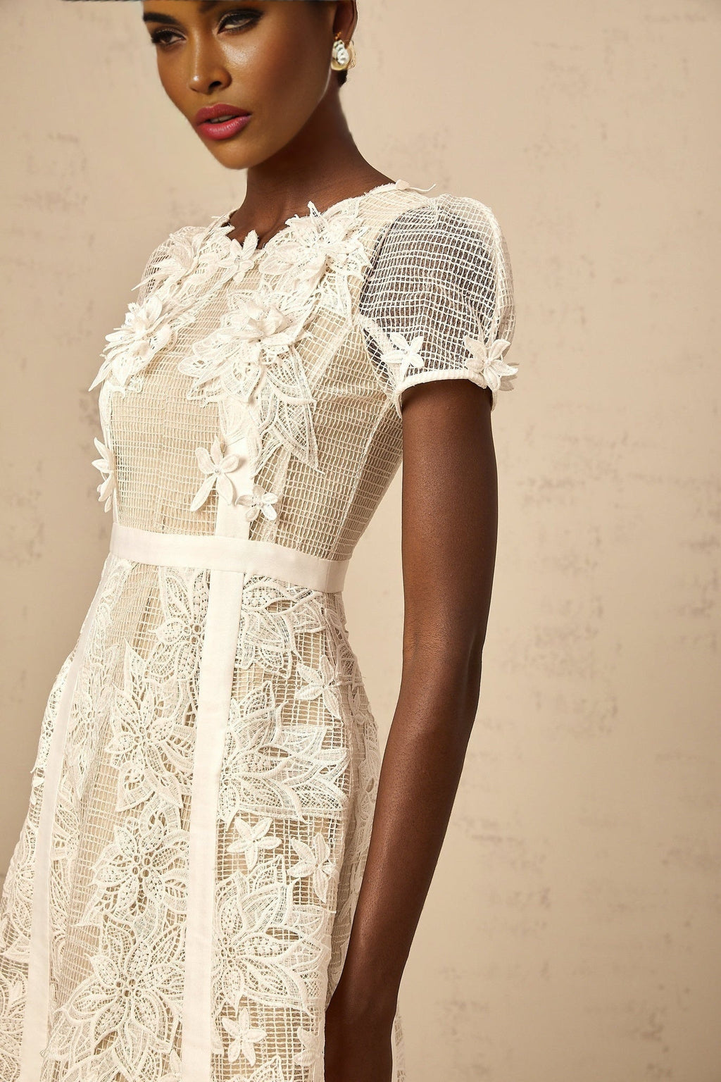 Allison Midi Dress - Classic Round Neck - Short Sleeves - Floral Embroidery - A - Line Style