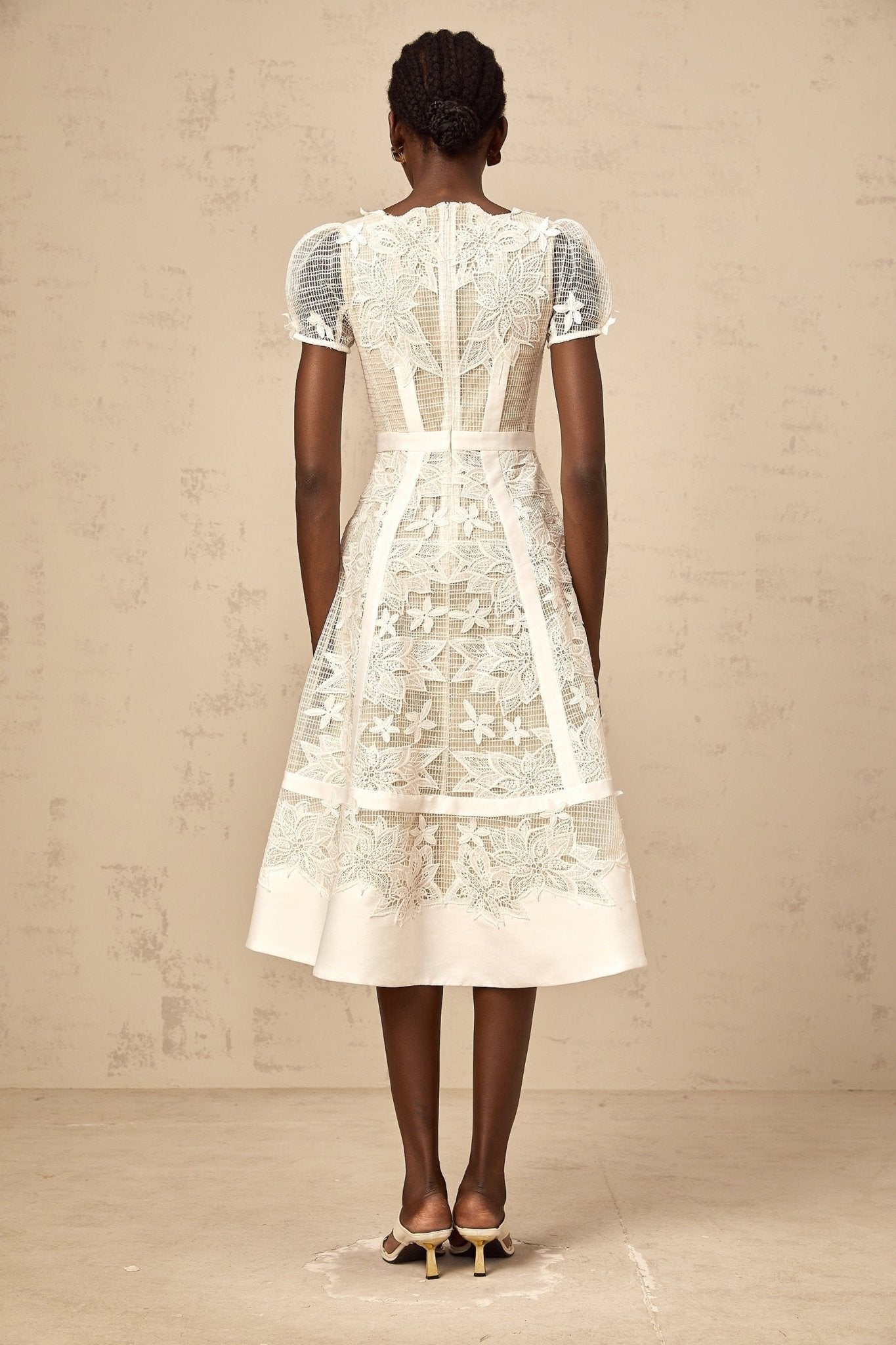 Allison Midi Dress - Classic Round Neck - Short Sleeves - Floral Embroidery - A - Line Style