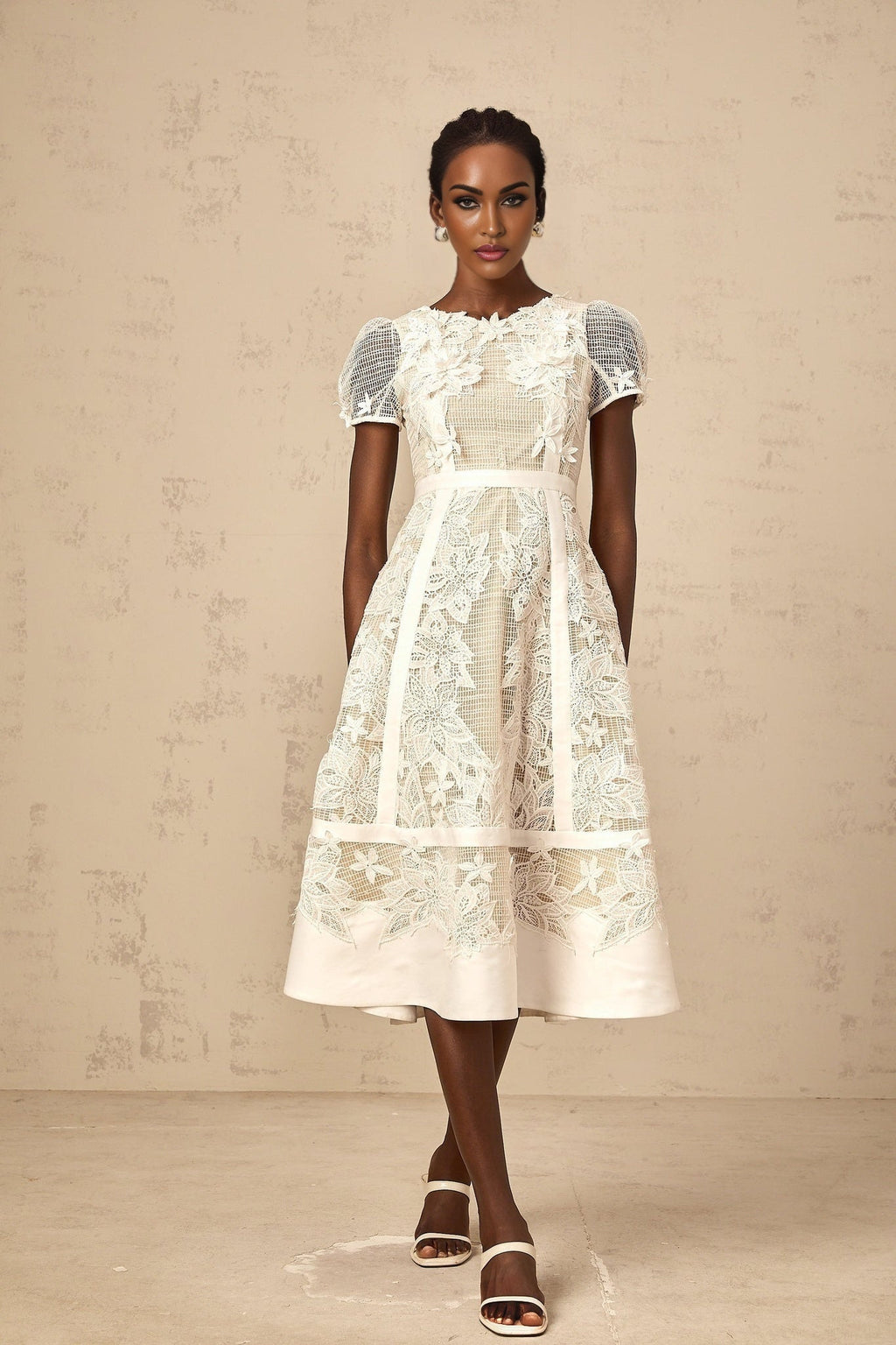 Allison Midi Dress - Classic Round Neck - Short Sleeves - Floral Embroidery - A - Line Style