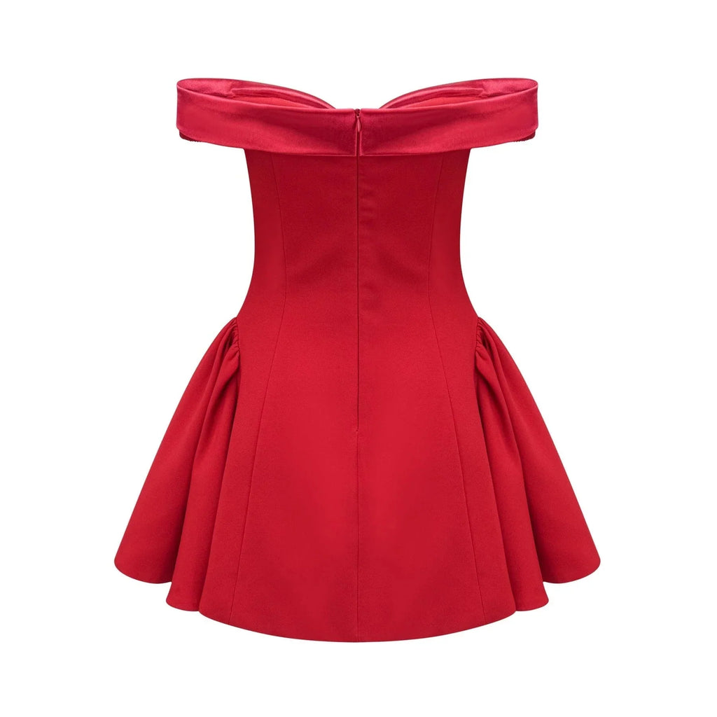 Allison Mini Dress - Strapless - Off the Shoulder - Fitted Waistline - Flared Skirt - Rear Zip Fastening