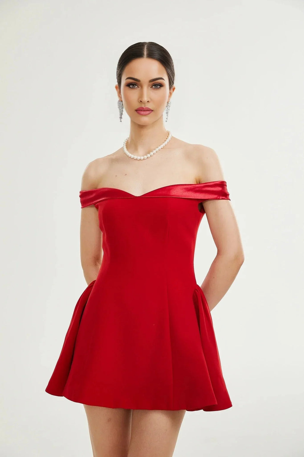 Allison Mini Dress - Strapless - Off the Shoulder - Fitted Waistline - Flared Skirt - Rear Zip Fastening