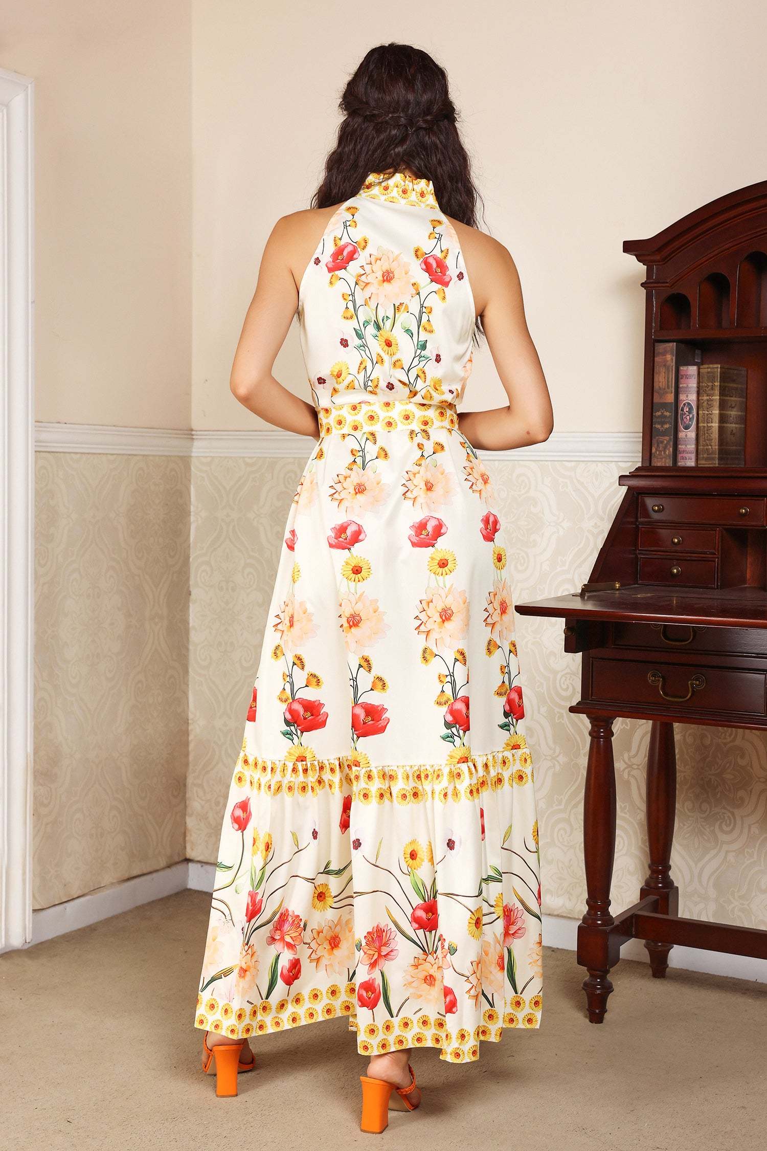 Allison White Floral Midi Dress High Collar Sleeveless Buttoned Front Cinched Waist Lace-Up Accents Tiered Hemline