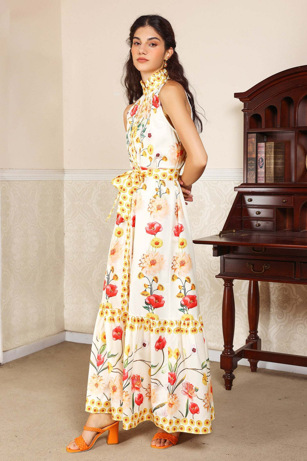 Allison White Floral Midi Dress High Collar Sleeveless Buttoned Front Cinched Waist Lace-Up Accents Tiered Hemline