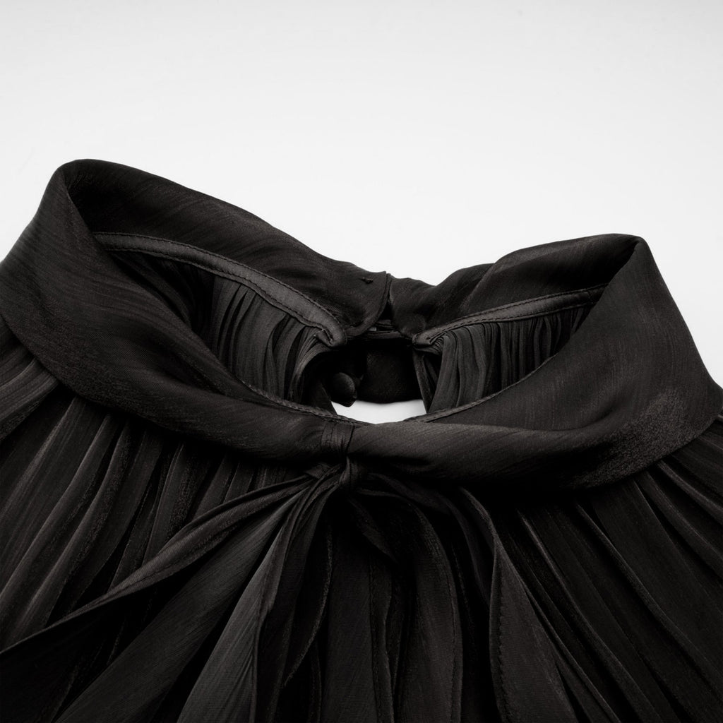 Alyson Maxi Dress - Pleated Satin Design - Ribbon Tie - Neck - Long Dolman Sleeves - Rear Button Fastening