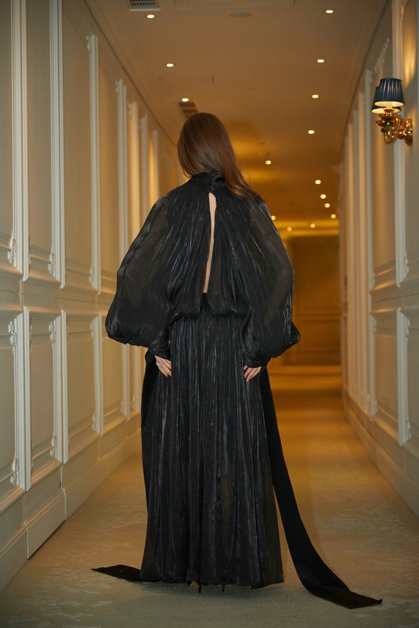 Alyson Maxi Dress - Pleated Satin Design - Ribbon Tie - Neck - Long Dolman Sleeves - Rear Button Fastening