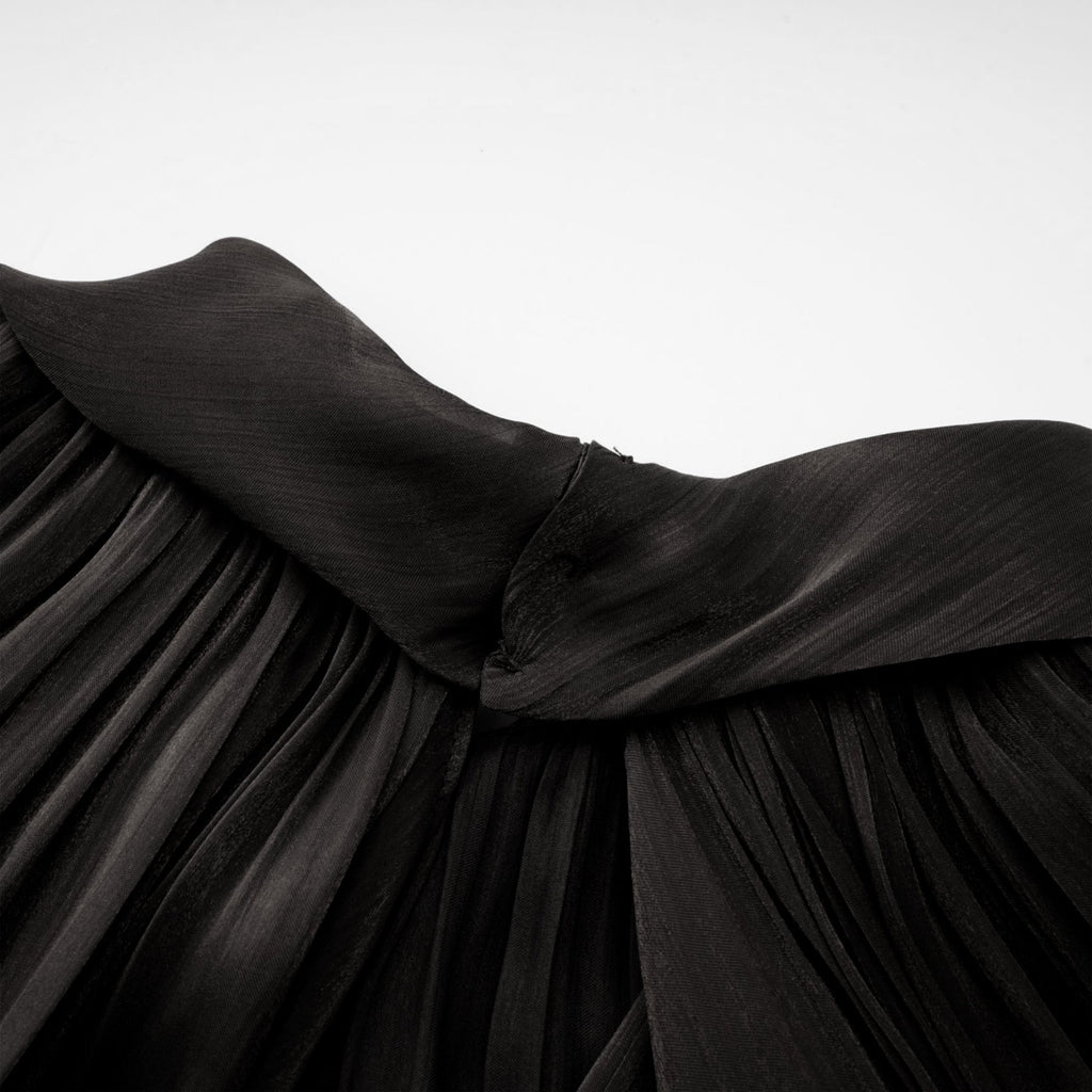 Alyson Maxi Dress - Pleated Satin Design - Ribbon Tie - Neck - Long Dolman Sleeves - Rear Button Fastening