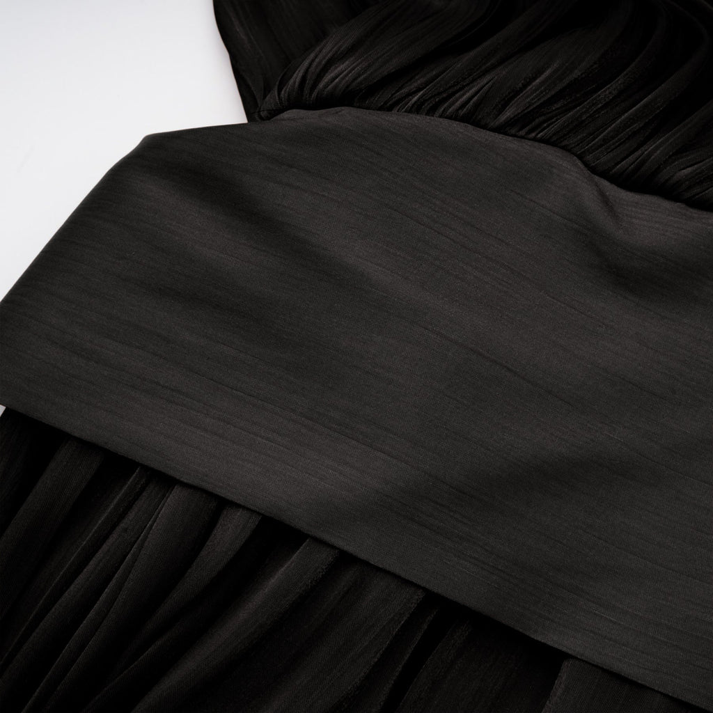 Alyson Maxi Dress - Pleated Satin Design - Ribbon Tie - Neck - Long Dolman Sleeves - Rear Button Fastening