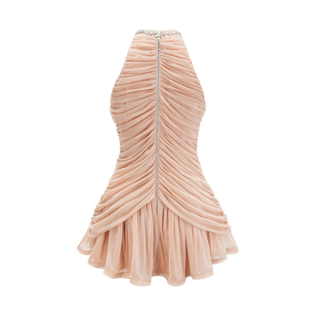 Alyson Mini Dress - Sleeveless - Crystal Embellishment - Ruched Detailing - Flared Skirt - Rear Zip Fastening
