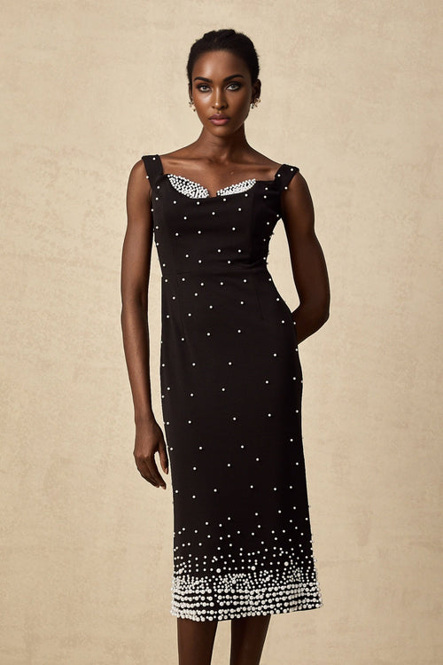 Alyssa Midi Dress - Sleeveless Style - Cinched Waist - Faux - Pearl Detail - Elegant Midi Length