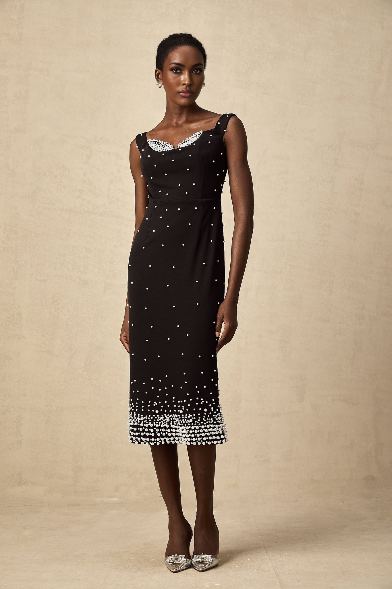 Alyssa Midi Dress - Sleeveless Style - Cinched Waist - Faux - Pearl Detail - Elegant Midi Length