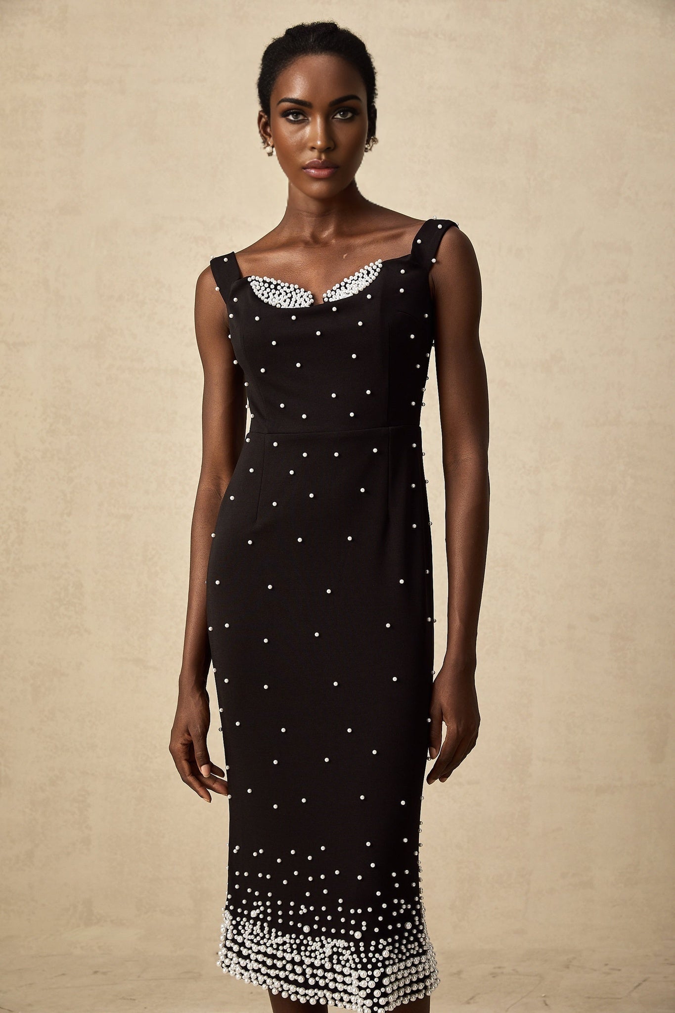Alyssa Midi Dress - Sleeveless Style - Cinched Waist - Faux - Pearl Detail - Elegant Midi Length