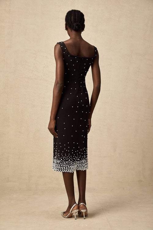 Alyssa Midi Dress - Sleeveless Style - Cinched Waist - Faux - Pearl Detail - Elegant Midi Length