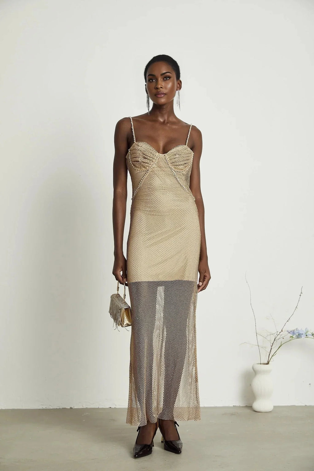 Alyssa Midi Dress - Sweetheart Neckline - Crystal Embellishments - Fitted Silhouette - Semi - Sheer