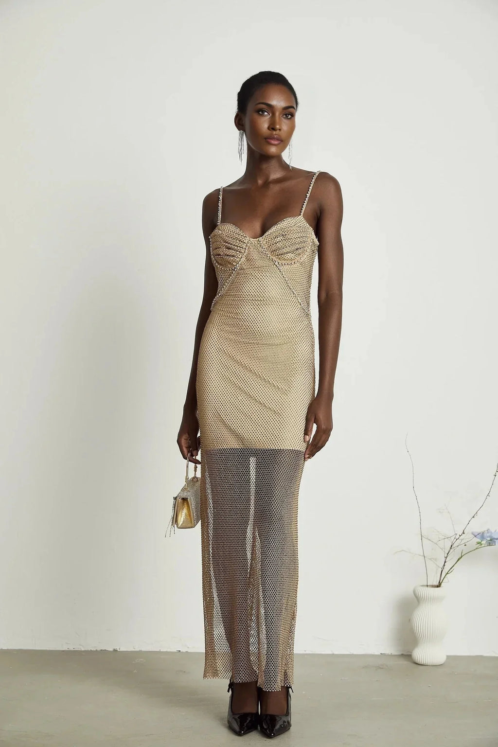 Alyssa Midi Dress - Sweetheart Neckline - Crystal Embellishments - Fitted Silhouette - Semi - Sheer