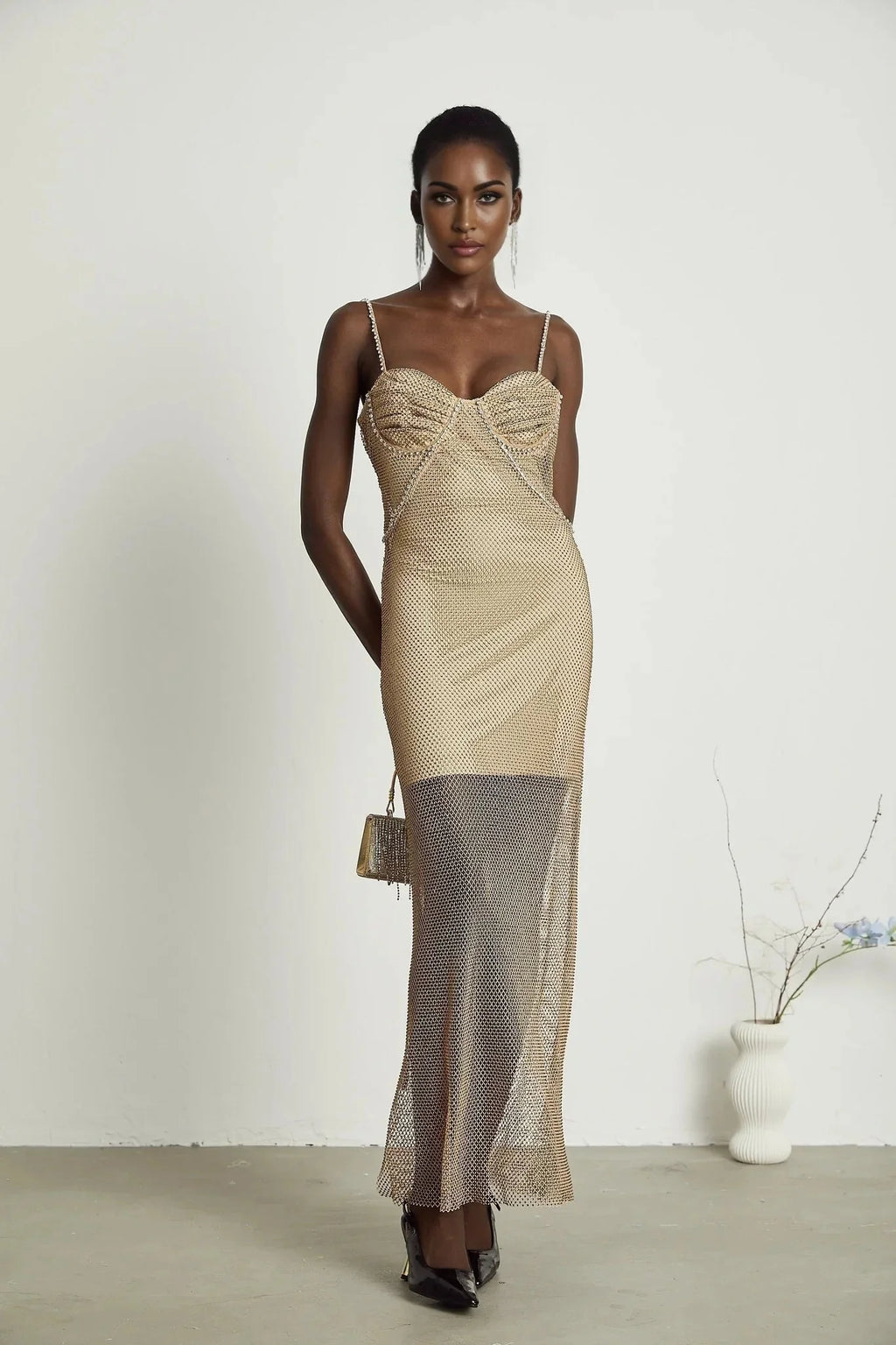 Alyssa Midi Dress - Sweetheart Neckline - Crystal Embellishments - Fitted Silhouette - Semi - Sheer