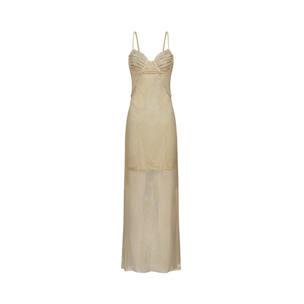 Alyssa Midi Dress - Sweetheart Neckline - Crystal Embellishments - Fitted Silhouette - Semi - Sheer