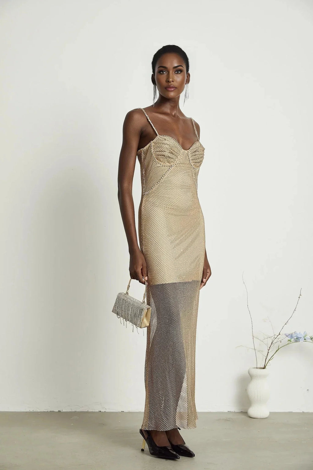 Alyssa Midi Dress - Sweetheart Neckline - Crystal Embellishments - Fitted Silhouette - Semi - Sheer