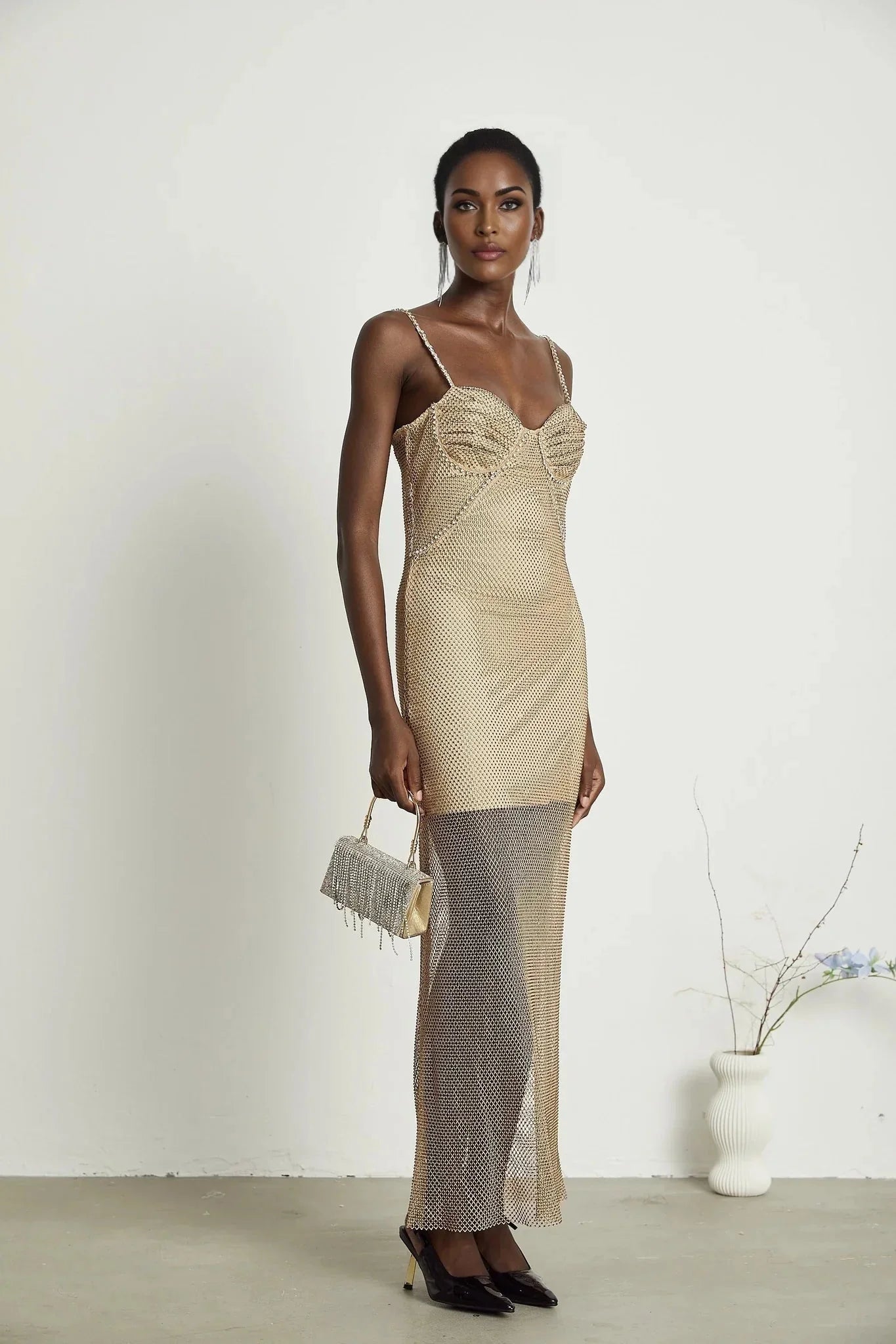 Alyssa Midi Dress - Sweetheart Neckline - Crystal Embellishments - Fitted Silhouette - Semi - Sheer