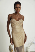 Alyssa Midi Dress - Sweetheart Neckline - Crystal Embellishments - Fitted Silhouette - Semi - Sheer