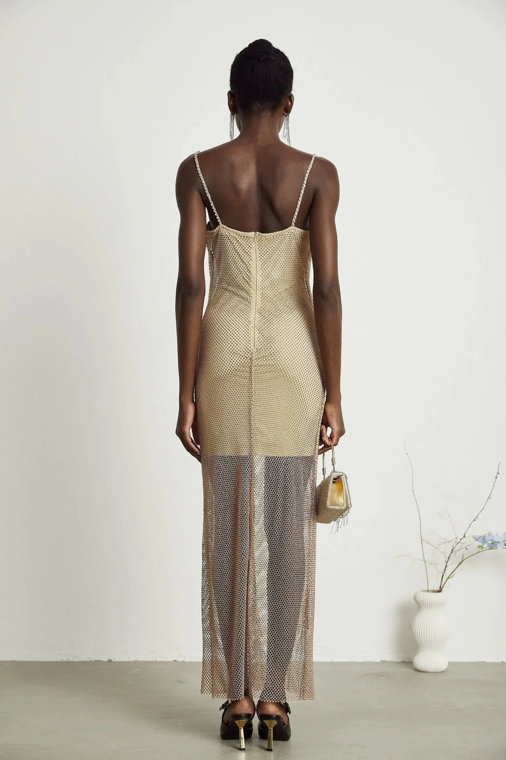 Alyssa Midi Dress - Sweetheart Neckline - Crystal Embellishments - Fitted Silhouette - Semi - Sheer