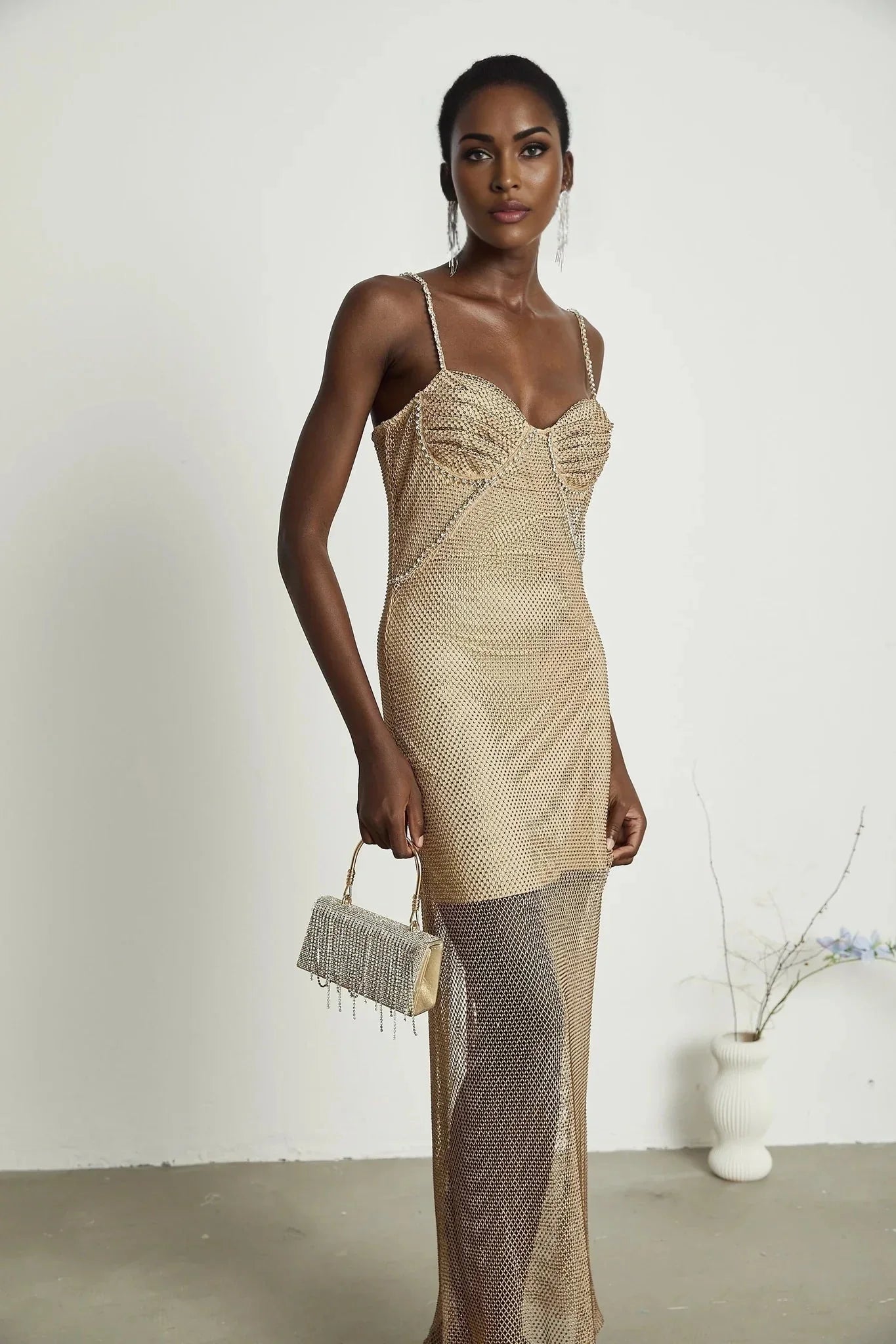 Alyssa Midi Dress - Sweetheart Neckline - Crystal Embellishments - Fitted Silhouette - Semi - Sheer