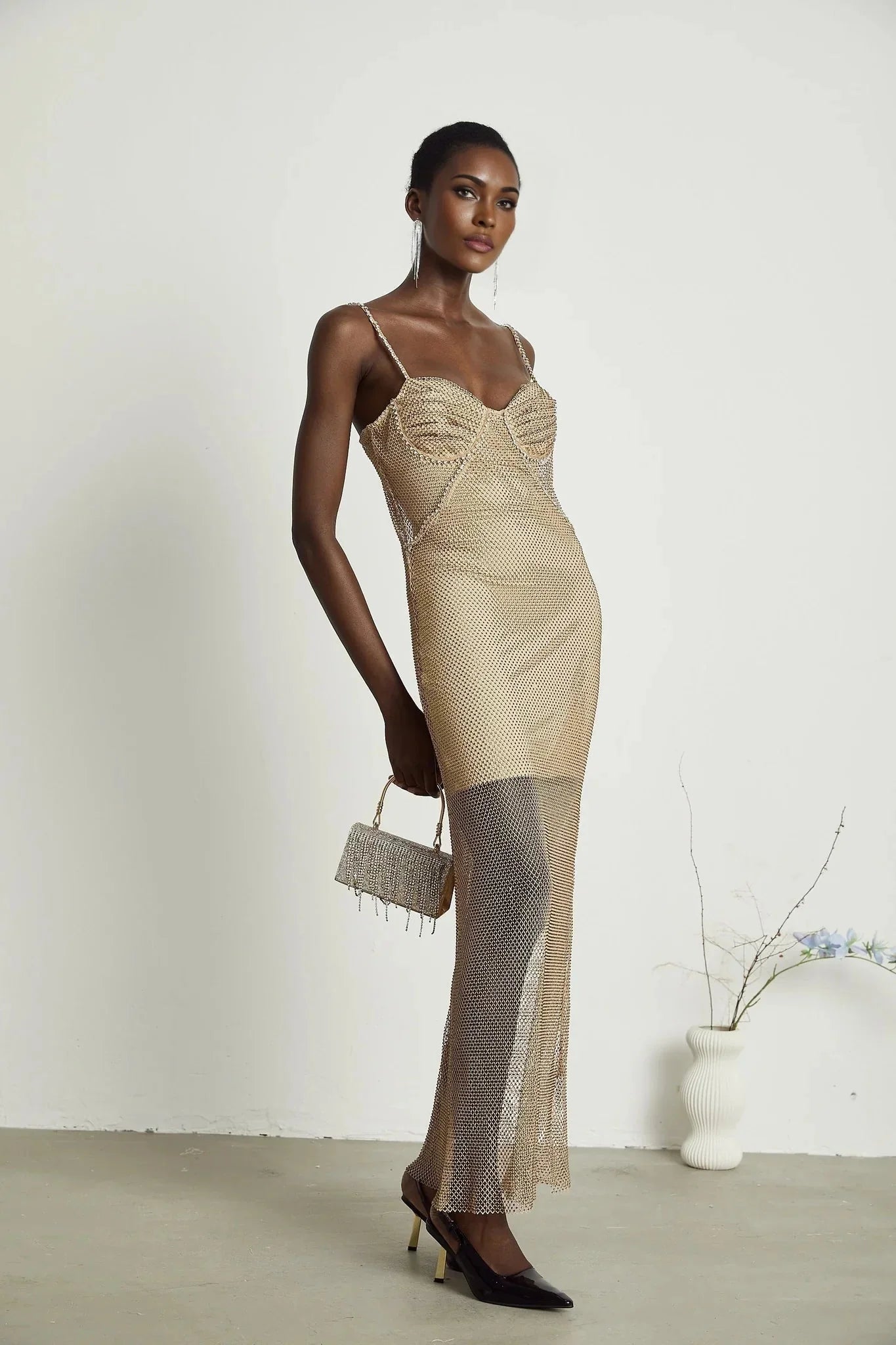 Alyssa Midi Dress - Sweetheart Neckline - Crystal Embellishments - Fitted Silhouette - Semi - Sheer