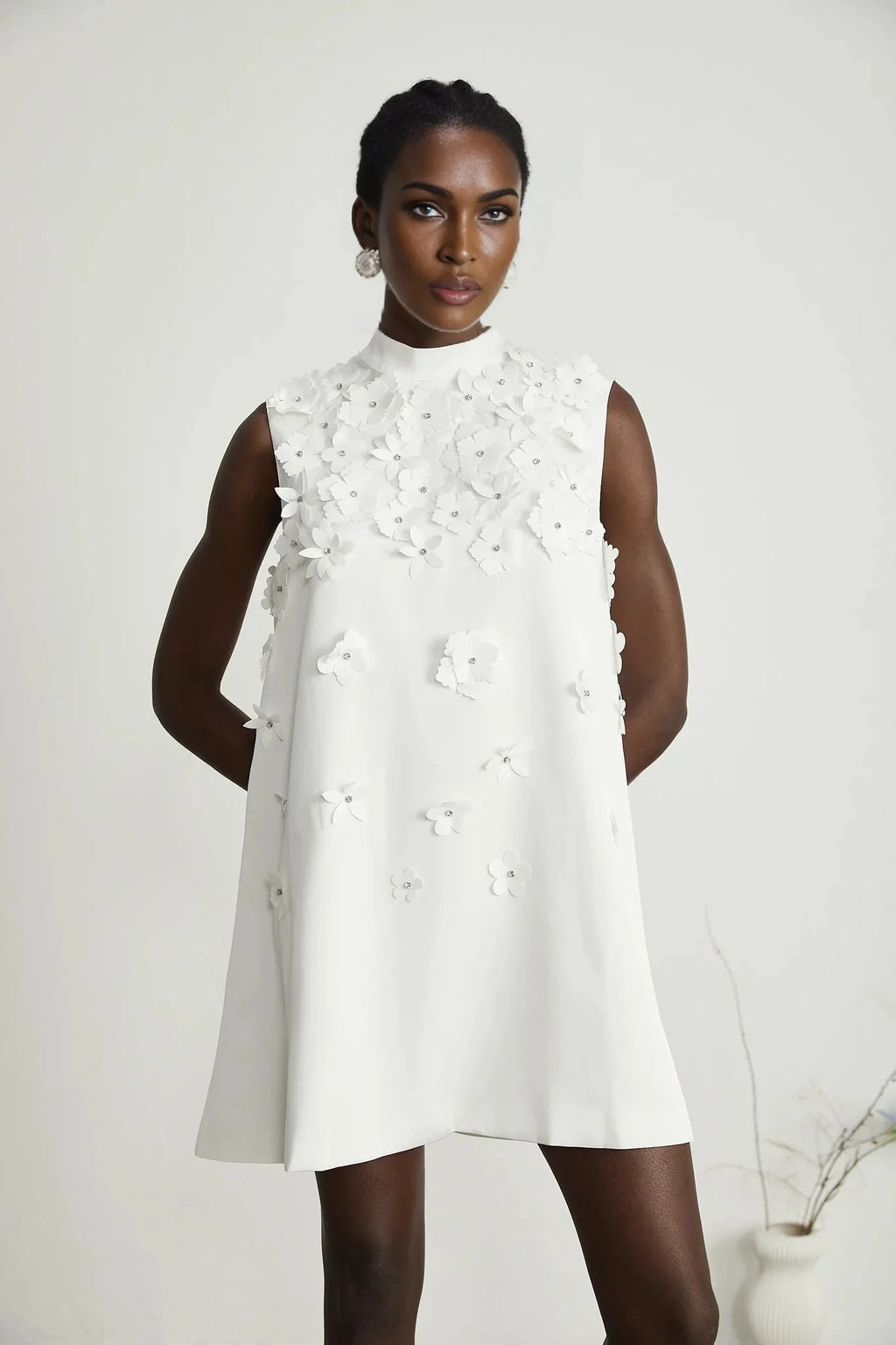 Alyssa Mini Dress White Faux - Flower Crystal Embellished Thigh - Length Hem